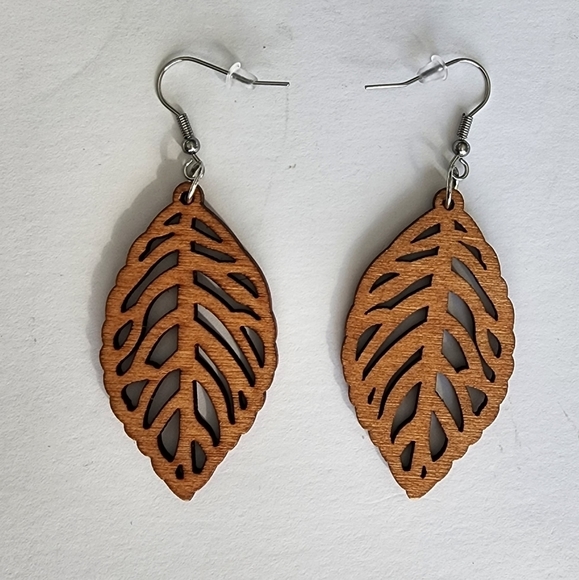 Leaf Wood Earrings, Long Wood Earrings - Picture 3 of 4